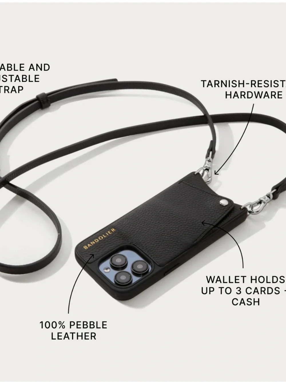 Bandolier Black Leather Crossbody Phone Case with Strap